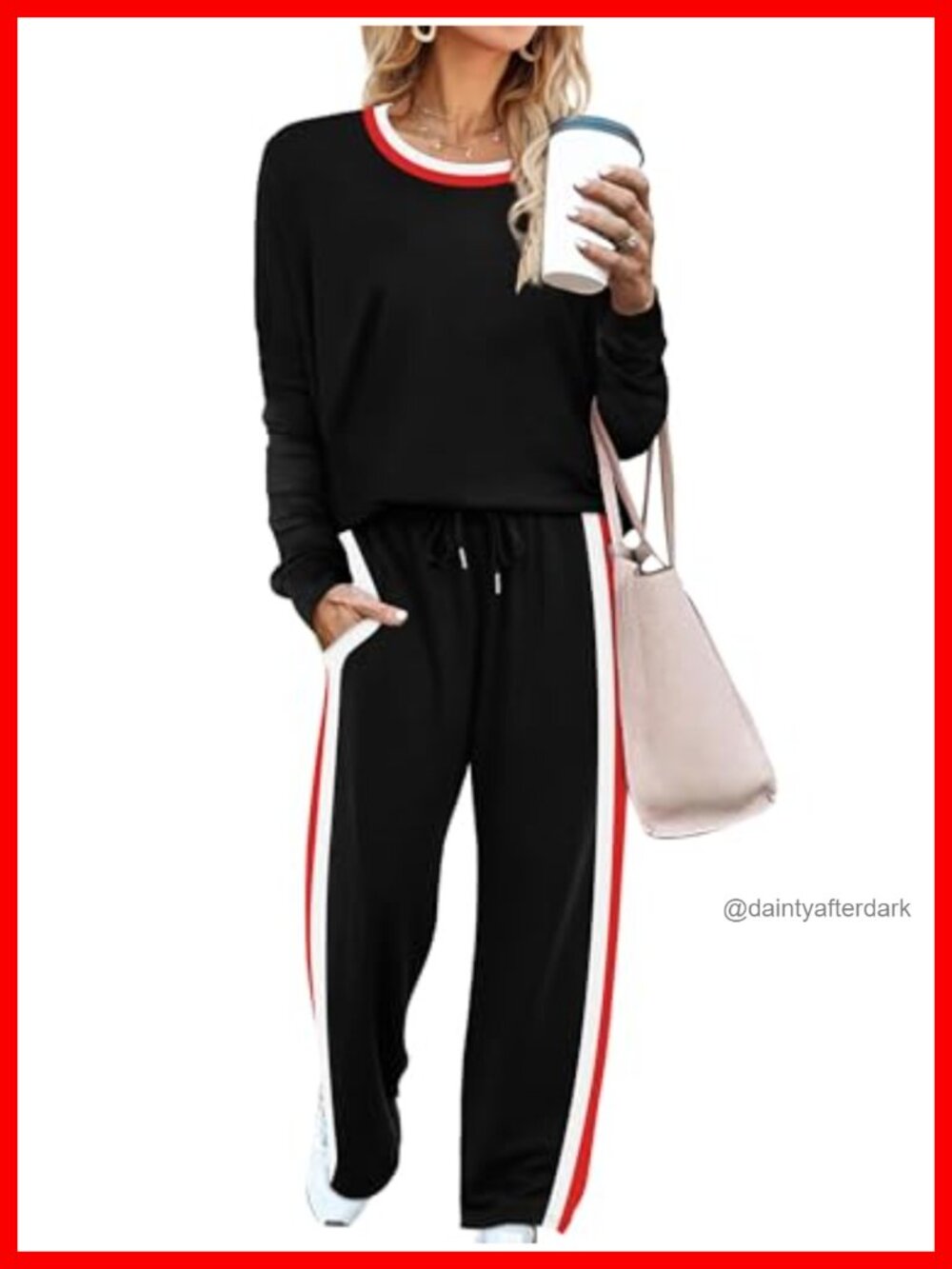 Womens 2 Piece Lounge Set Long Sleeve Colorblock Top Drawstring Pants